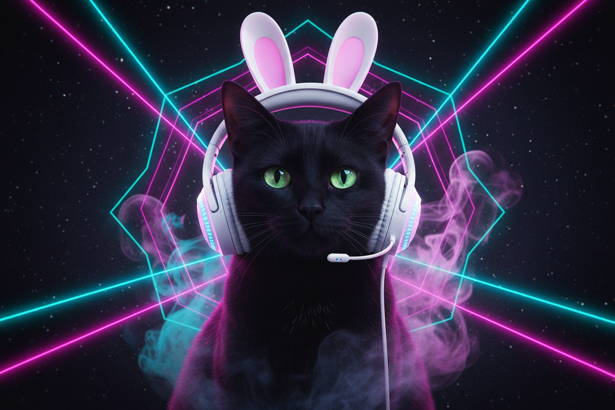 Cat with White Bunny Headphones